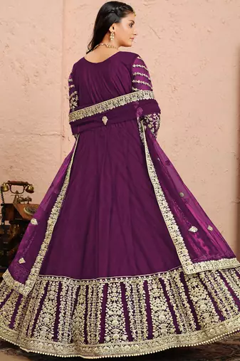 Purple embroidery net anarkali suit