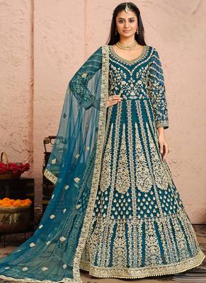 Sea green embroidery net anarkali suit 1