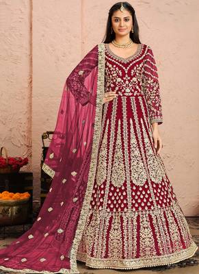Rani pink embroidery net anarkali suit 1