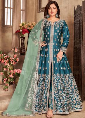Teal blue embroidery art silk anarkali suit 1