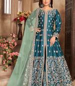Teal blue embroidery art silk anarkali suit