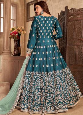 Teal blue embroidery art silk anarkali suit 2
