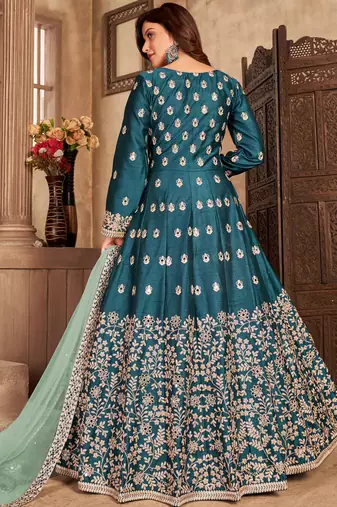 Teal blue embroidery art silk anarkali suit