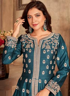 Teal blue embroidery art silk anarkali suit 3