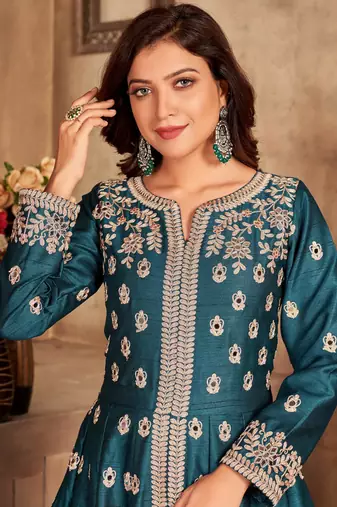 Teal blue embroidery art silk anarkali suit