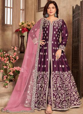 Wine embroidery art silk anarkali suit 1