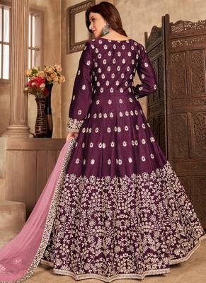 Wine embroidery art silk anarkali suit 2
