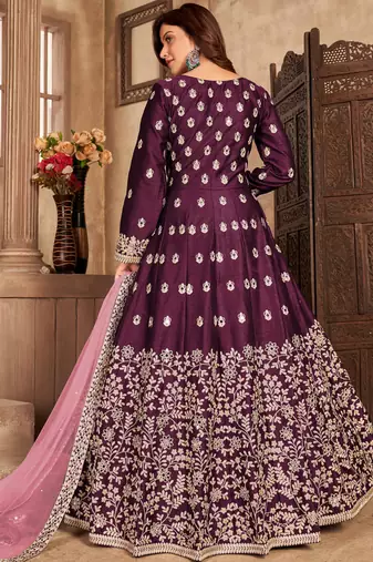 Wine embroidery art silk anarkali suit