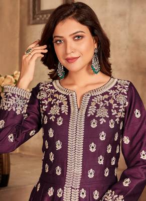 Wine embroidery art silk anarkali suit 3