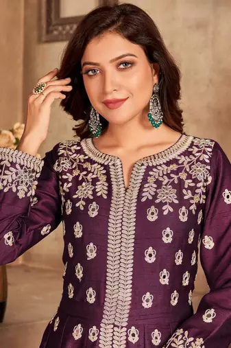 Wine embroidery art silk anarkali suit