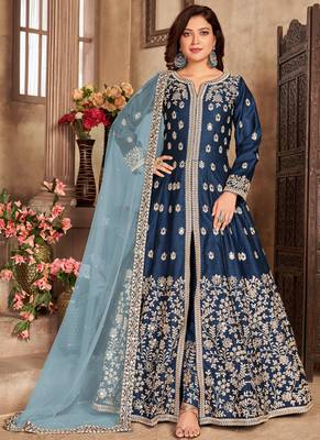 Navy blue embroidery art silk anarkali suit 1