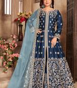 Navy blue embroidery art silk anarkali suit