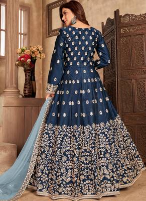 Navy blue embroidery art silk anarkali suit 2