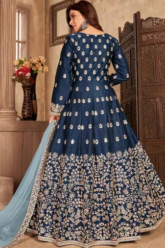Navy blue embroidery art silk anarkali suit