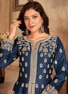 Navy blue embroidery art silk anarkali suit 3
