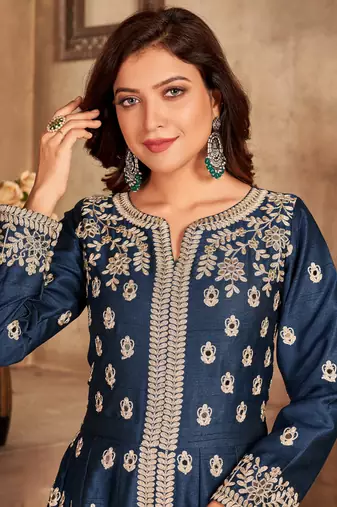 Navy blue embroidery art silk anarkali suit