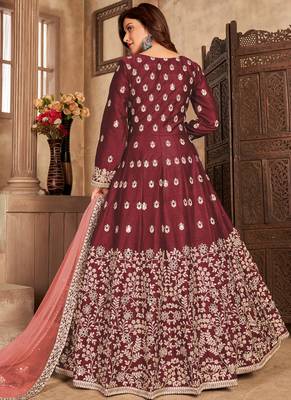 Maroon embroidery art silk anarkali suit 2
