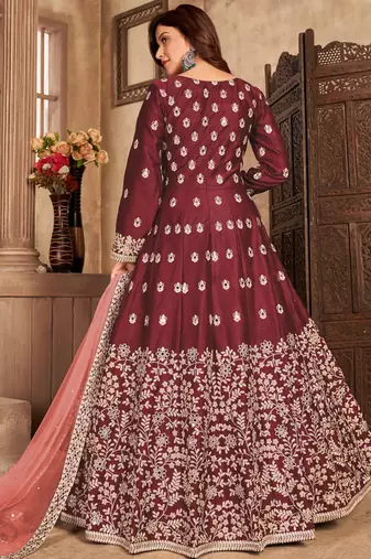 Maroon embroidery art silk anarkali suit