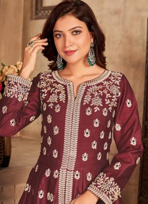 Maroon embroidery art silk anarkali suit 3