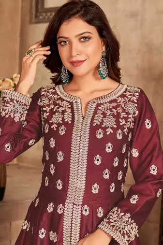 Maroon embroidery art silk anarkali suit