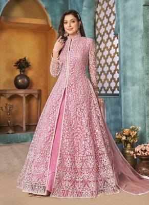 Pink embroidery net anarkali suit 1