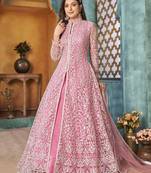 Pink embroidery net anarkali suit