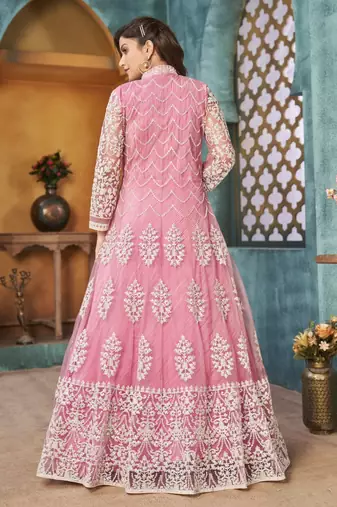 Pink embroidery net anarkali suit
