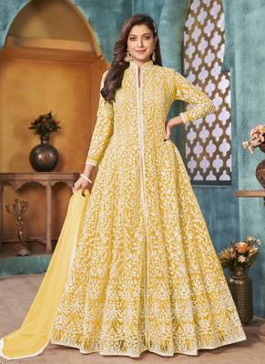 Yellow embroidery net anarkali suit 1