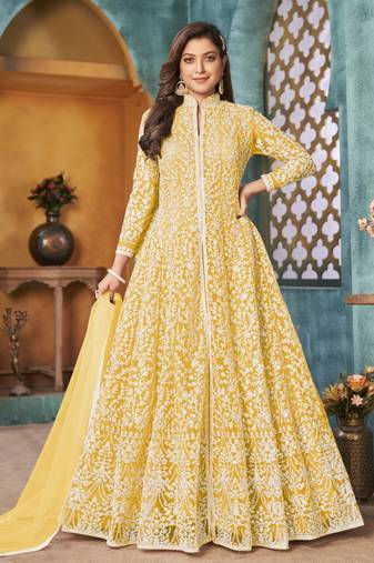 Yellow embroidery net anarkali suit