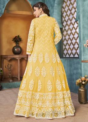 Yellow embroidery net anarkali suit 2