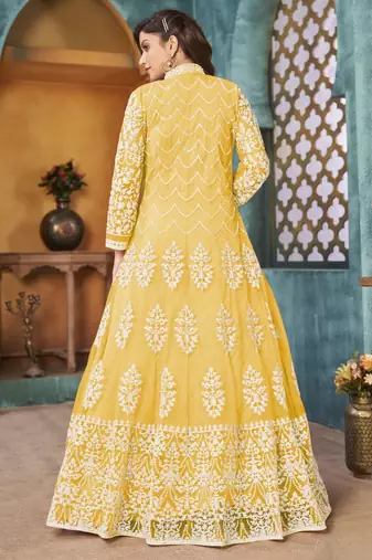 Yellow embroidery net anarkali suit