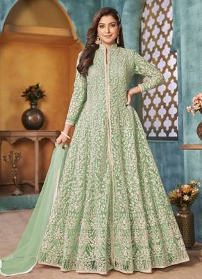 Sea green embroidery net anarkali suit 1