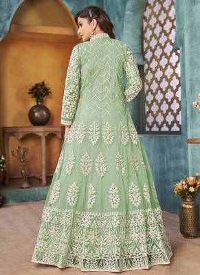 Sea green embroidery net anarkali suit 2
