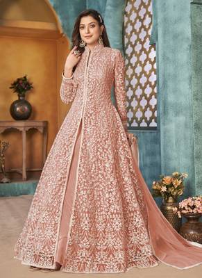 Peach embroidery net anarkali suit 1