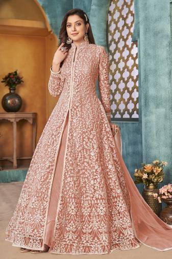 Peach embroidery net anarkali suit