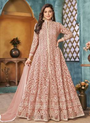 Peach embroidery net anarkali suit 2