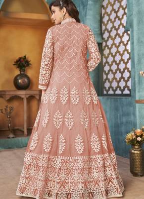 Peach embroidery net anarkali suit 3