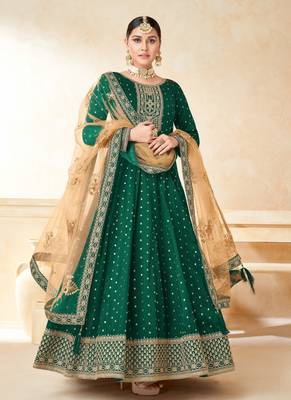 Green embroidery tafeta butti silk anarkali suit 1