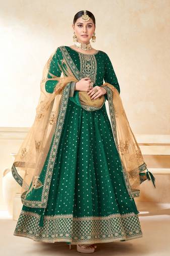 Green embroidery tafeta butti silk anarkali suit