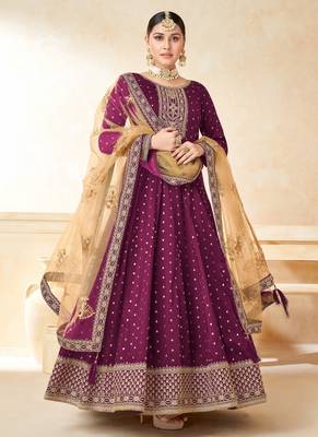 Rani pink embroidery tafeta butti silk anarkali suit 1