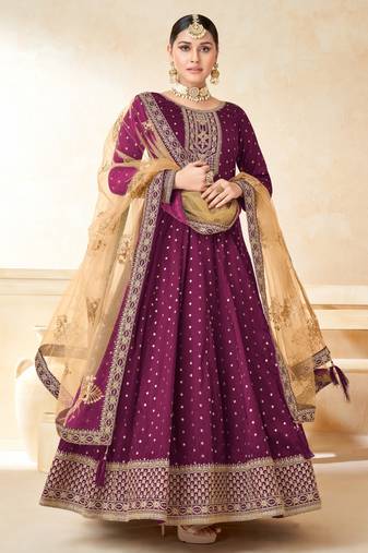 Rani pink embroidery tafeta butti silk anarkali suit