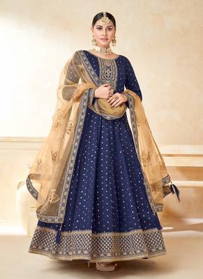 Blue embroidery tafeta butti silk anarkali suit 1