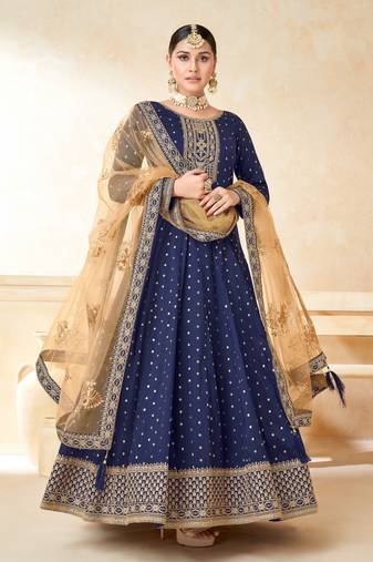 Blue embroidery tafeta butti silk anarkali suit