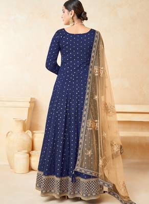 Blue embroidery tafeta butti silk anarkali suit 2