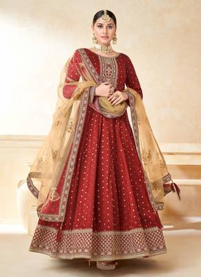 Red embroidery tafeta butti silk anarkali suit 1