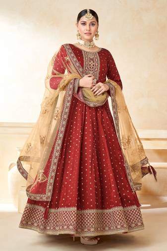 Red embroidery tafeta butti silk anarkali suit
