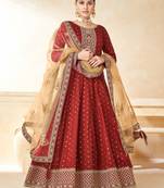 Red embroidery tafeta butti silk anarkali suit