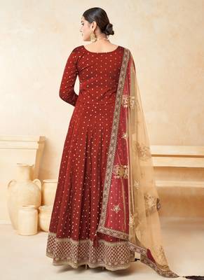 Red embroidery tafeta butti silk anarkali suit 2