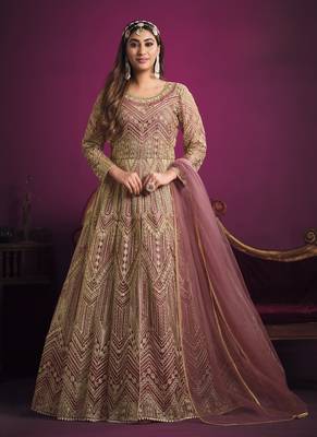 Pink embroidery net anarkali suit 1