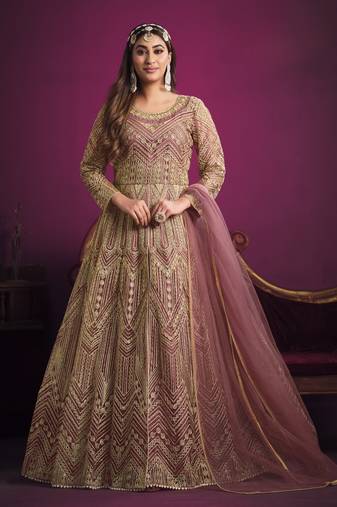 Pink embroidery net anarkali suit